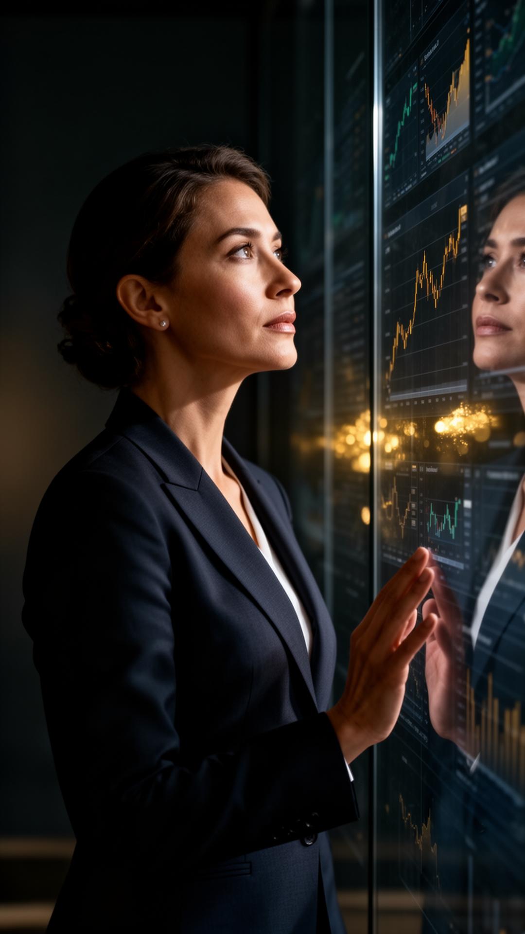 Executive reviewing financial charts on a glass display