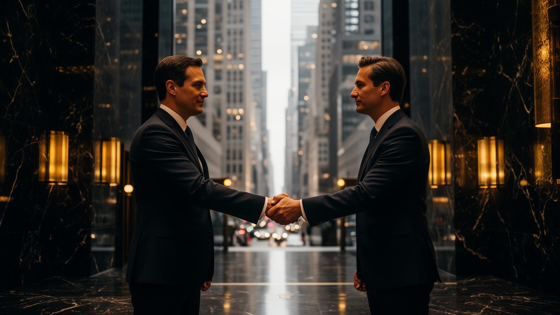 Two executives shaking hands in a financial district lobby